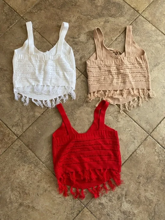 Fringe Tie Front Knit Crop Festival Party Top Red White and Beige size Small - Picture 5 of 8
